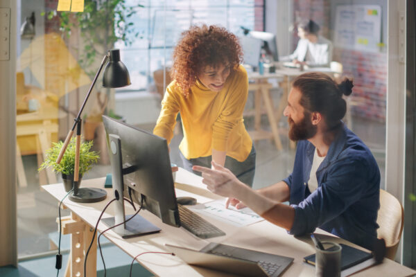 Two Stylish Employees Discussing Work-Related Projects on Comput