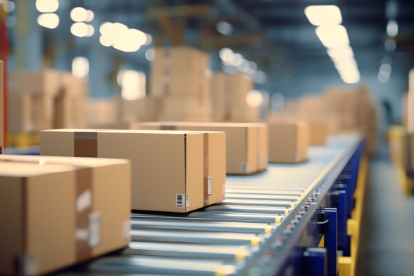 Conveyor belt in sorting center. Boxes and parcels are moved along the belt for further dispatch to recipients.