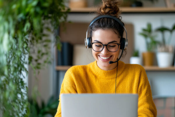Woman with glasses wearing a yellow sweater, using a headset while working on a laptop in a home office.