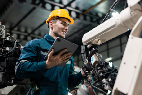 Robotic-engineer-automatic-mechanic-checking-quality-system-of-automation-robot-arms-machine-in-factory.-Service-programming-machinery-welding-robots-in-production-at-factory-industry. Robotic-engineer-automatic-mechanic-checking-quality-system-of-automation-robot-arms-machine-in-factory.-Service-programming-machinery-welding-robots-in-production-at-factory-industry.